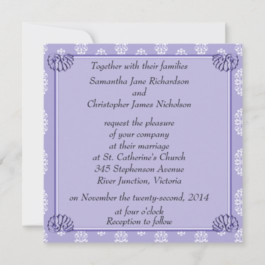 Violet Blue Damask Wedding Kaart (Achterkant)