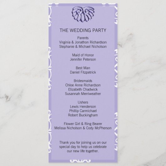 Violet Blue Damask Wedding Program Programmakaart (Achterkant)
