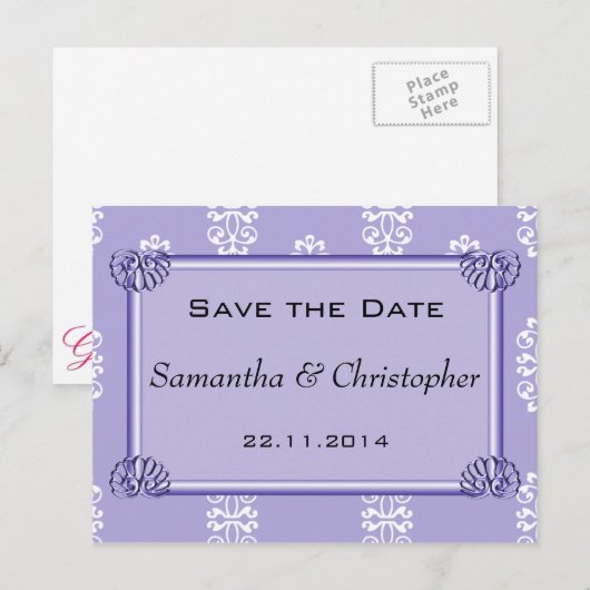 Violet Blue Damask Wedding Save the Date Aankondigingskaart (Voorkant / Achterkant)