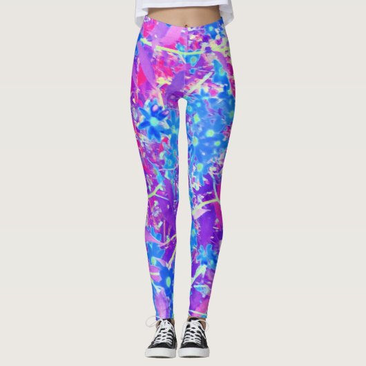 Violet Blue en Lime Green Flowers Leggings (Voorkant)