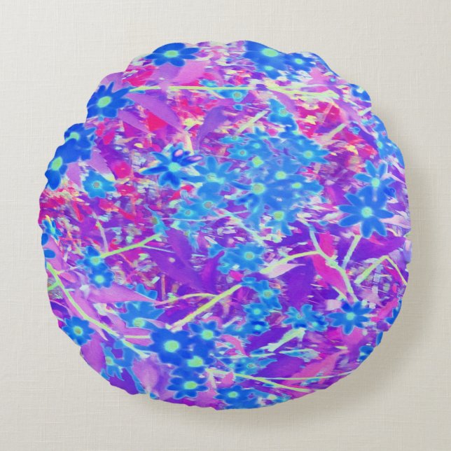  Violet Blue en Lime Green Flowers Rond Kussen (Voorkant)