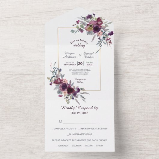 Violet Blue Floral foto Weddenschap All In One Uitnodiging (Binnen)