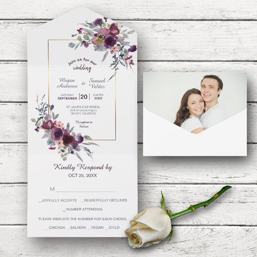Violet Blue Floral foto Weddenschap All In One Uitnodiging