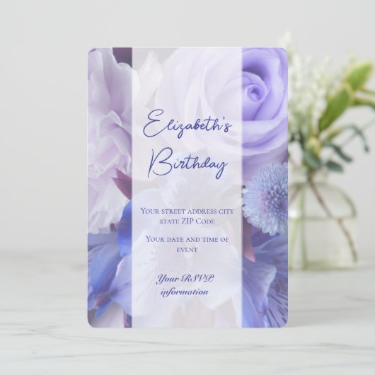 Violet Blue Roos Verjaardag Uitnodiging Kaart (Staand voorkant)