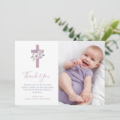 Violet Blush Cross en Flowers | Fotobaptisme Bedankkaart (Staand voorkant)