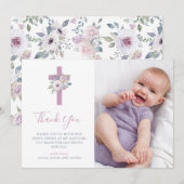 Violet Blush Cross en Flowers | Fotobaptisme Bedankkaart (Voorkant / Achterkant)
