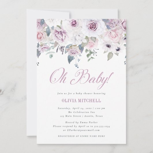 Violet Blush Floral Baby shower | Oh Baby Kaart (Voorkant)