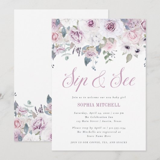 Violet Blush | Floral Baby shower Sip en See Kaart (Voorkant / Achterkant)