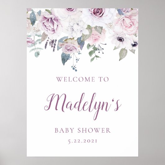 Violet Blush | Floral Baby shower Welkom Poster (Voorkant)