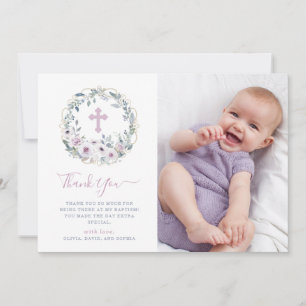 Violet Blush Floral Baptisme met kruis Foto Bedankkaart