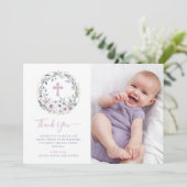 Violet Blush | Floral Baptisme met kruis | Foto Bedankkaart (Staand voorkant)