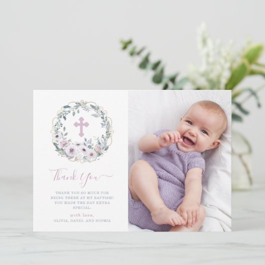 Violet Blush | Floral Baptisme met kruis | Foto Bedankkaart (Staand voorkant)