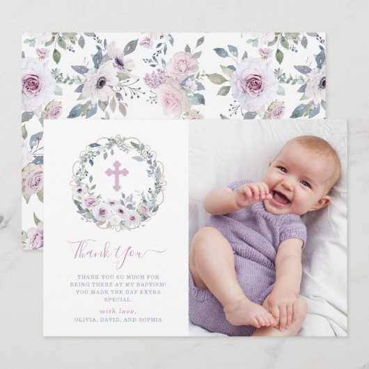 Violet Blush | Floral Baptisme met kruis | Foto Bedankkaart (Voorkant / Achterkant)