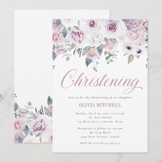 Violet Blush Floral | Christening Kaart (Voorkant / Achterkant)