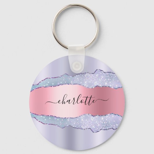 Violet blush roze agaat marmer glitter naam sleutelhanger (Voorkant)