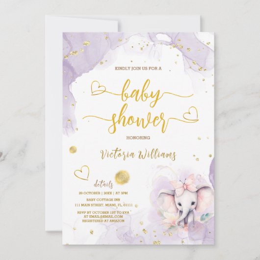 Violet Blush Roze Olifant Baby Meisje Douche Kaart (Voorkant)