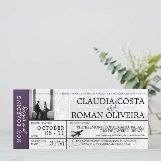 Violet Brazilië Bruiloft Boarding Pass uitnodiging (Staand voorkant)