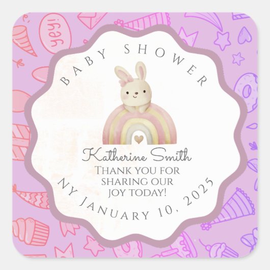 VIOLET bunny pastel party babyshower Vierkante Sticker (Voorkant)