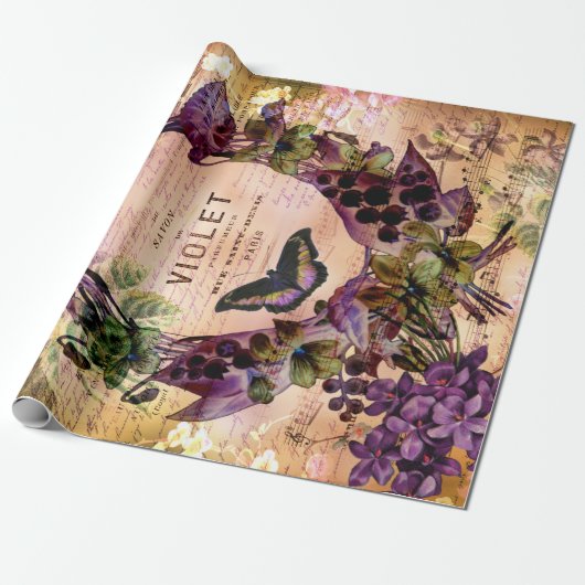 Violet Butterfly Ephemera Ontkoppeling Tissu Cadeaupapier (Uitgerold)