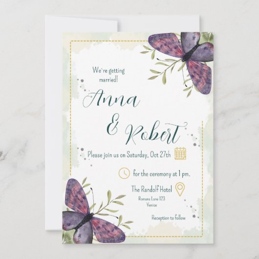 Violet Butterfly Watercolor Wedding Kaart (Voorkant)