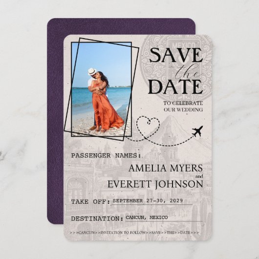 Violet Cancun Passport Sla de datum op Save The Date (Voorkant / Achterkant)