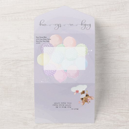 Violet Cute Animals in maskers virtueel Baby showe All In One Uitnodiging (Buitenkant)