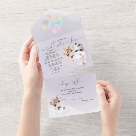 Violet Cute Animals in maskers virtueel Baby showe All In One Uitnodiging (Afscheurbaar)