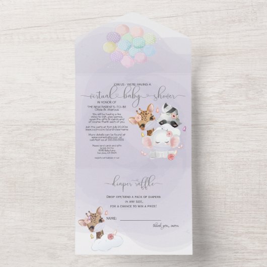 Violet Cute Animals in maskers virtueel Baby showe All In One Uitnodiging (Binnen)