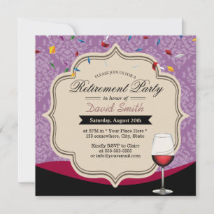 Violet Damask Red Wine Theme Retirement Party Kaart