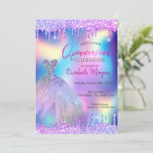Violet druppelt in het dress Holographic Quinceañe Kaart (Staand voorkant)