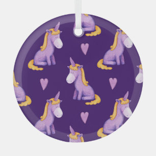 Violet eenhoorns harten Waterverf patroon. Glas Ornament