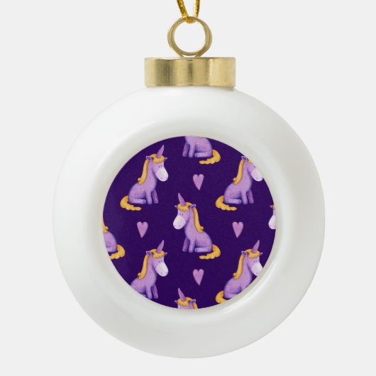 Violet eenhoorns harten Waterverf patroon. Keramische Bal Ornament (Voorkant)