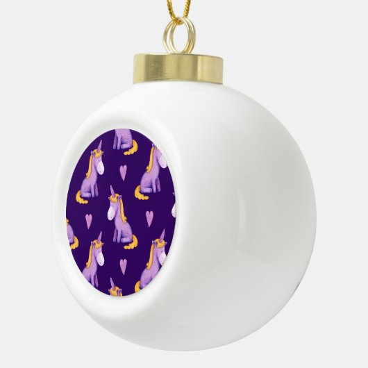 Violet eenhoorns harten Waterverf patroon. Keramische Bal Ornament (Rechts)