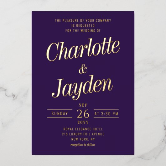 Violet Elegant Folie Script Fotobruiloft Folie Uitnodiging (Voorkant)