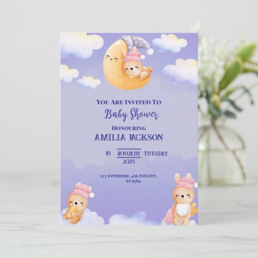 Violet en beige waterverf baby shower uitnodiging (Staand voorkant)