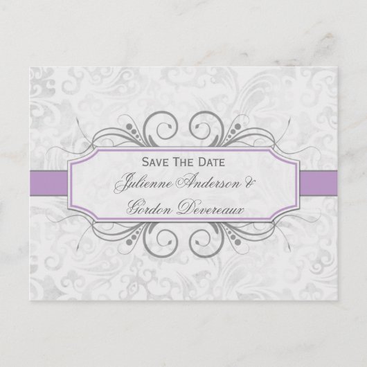 Violet en Grey Damask Bewaar de datum Aankondigingskaart (Voorkant)
