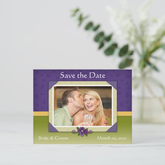 Violet en Groen Bewaar de datum Foto Briefkaarten (Staand voorkant)