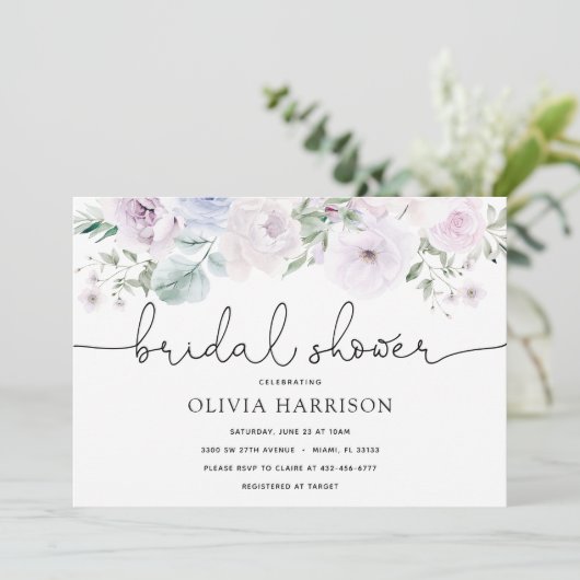 Violet en groen bruids douche uitnodiging (Staand voorkant)