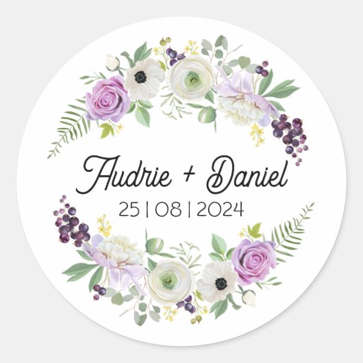Violet en groen rustieke bloemen bruiloft Sticker (Voorkant)