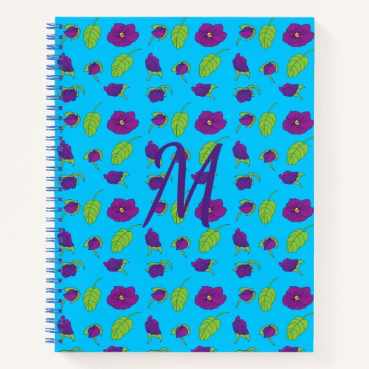 Violet en groene bladeren blauwe achtergrond monog notitieboek (Voorkant)