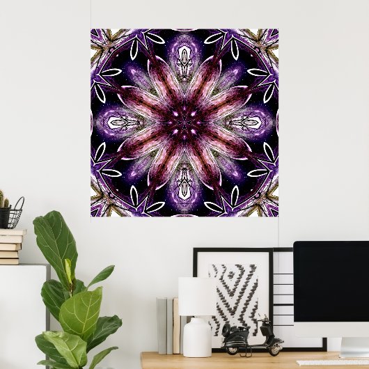 Violet en Magenta Kosmische Bloem Kaleidoscoop Poster (Thuiskantoor)