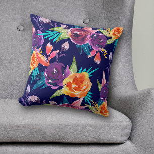 Violet en Oranje Floral op Navy Blue Kussen