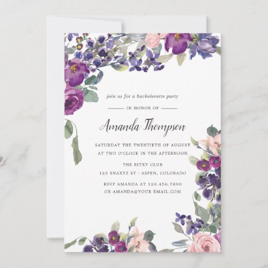 Violet en Plum Bloemen Bachelorette Party uitnodig Kaart (Voorkant)