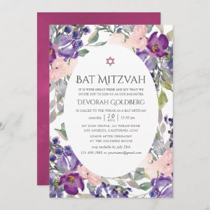 Violet en Plum Bloemen Bat Mitzvah Kaart