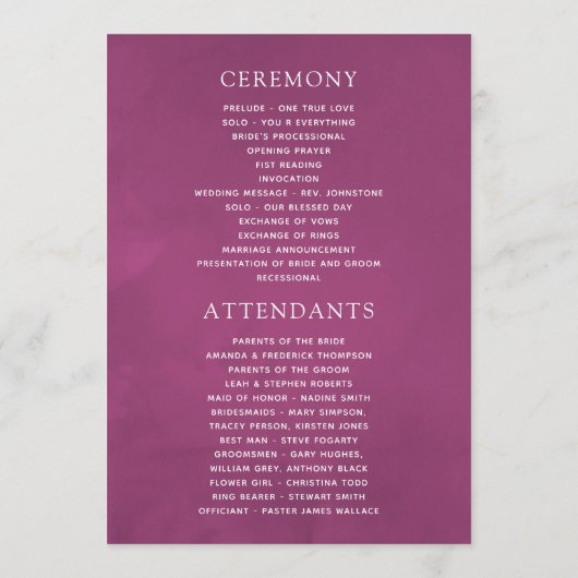 Violet- en Plum Floral Wedding Programme Programmakaart (Achterkant)