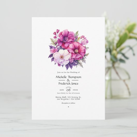 Violet en roze bloemenbruiloft kaart (Staand voorkant)