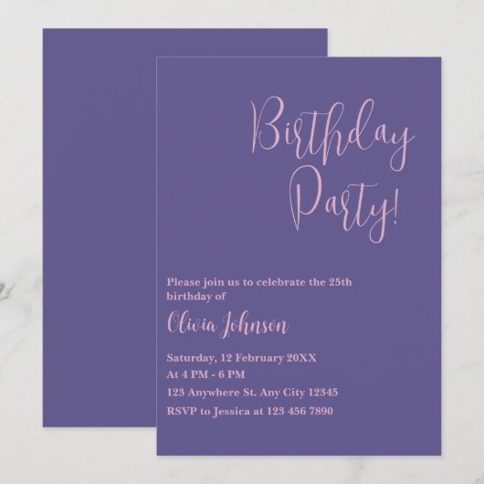 Violet en Roze Eenvoudige Verjaardag uitnodiging (Voorkant / Achterkant)