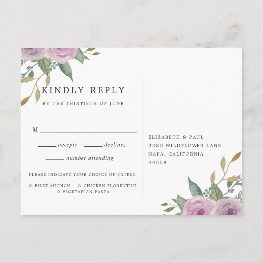 Violet- en Sage-RSVP-Briefkaart met keuze uit maal Uitnodiging Briefkaart (Achterkant)