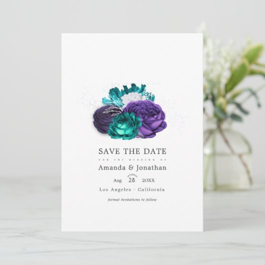 Violet en Turquoise Floral Wedding Photo Save the Save The Date (Staand voorkant)