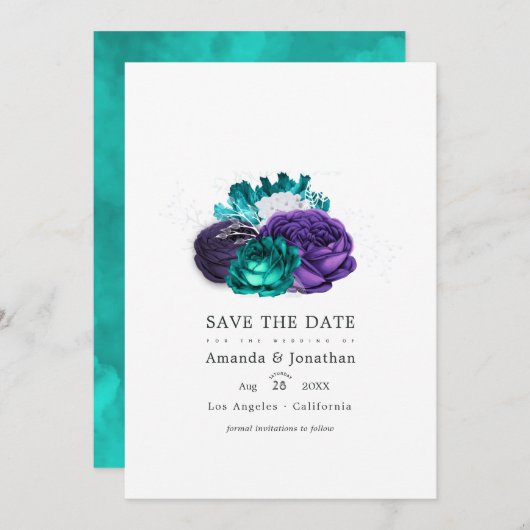Violet en Turquoise Floral Wedding Photo Save the Save The Date (Voorkant / Achterkant)